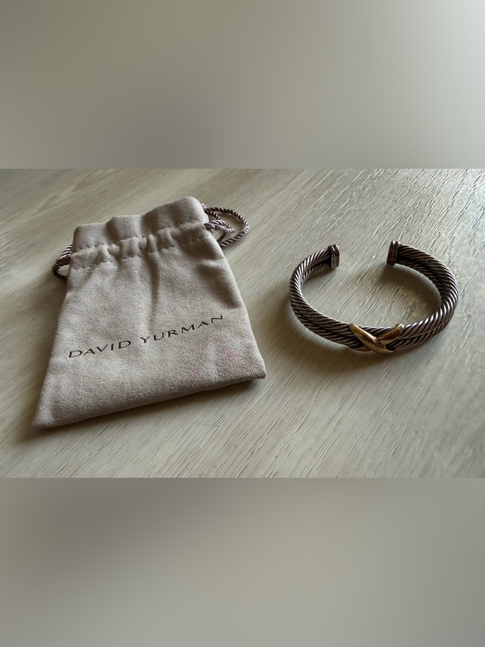 David Yurman 925 Sterling Silver W/14k Yellow Gold X Double Cable Cuff Bracelet